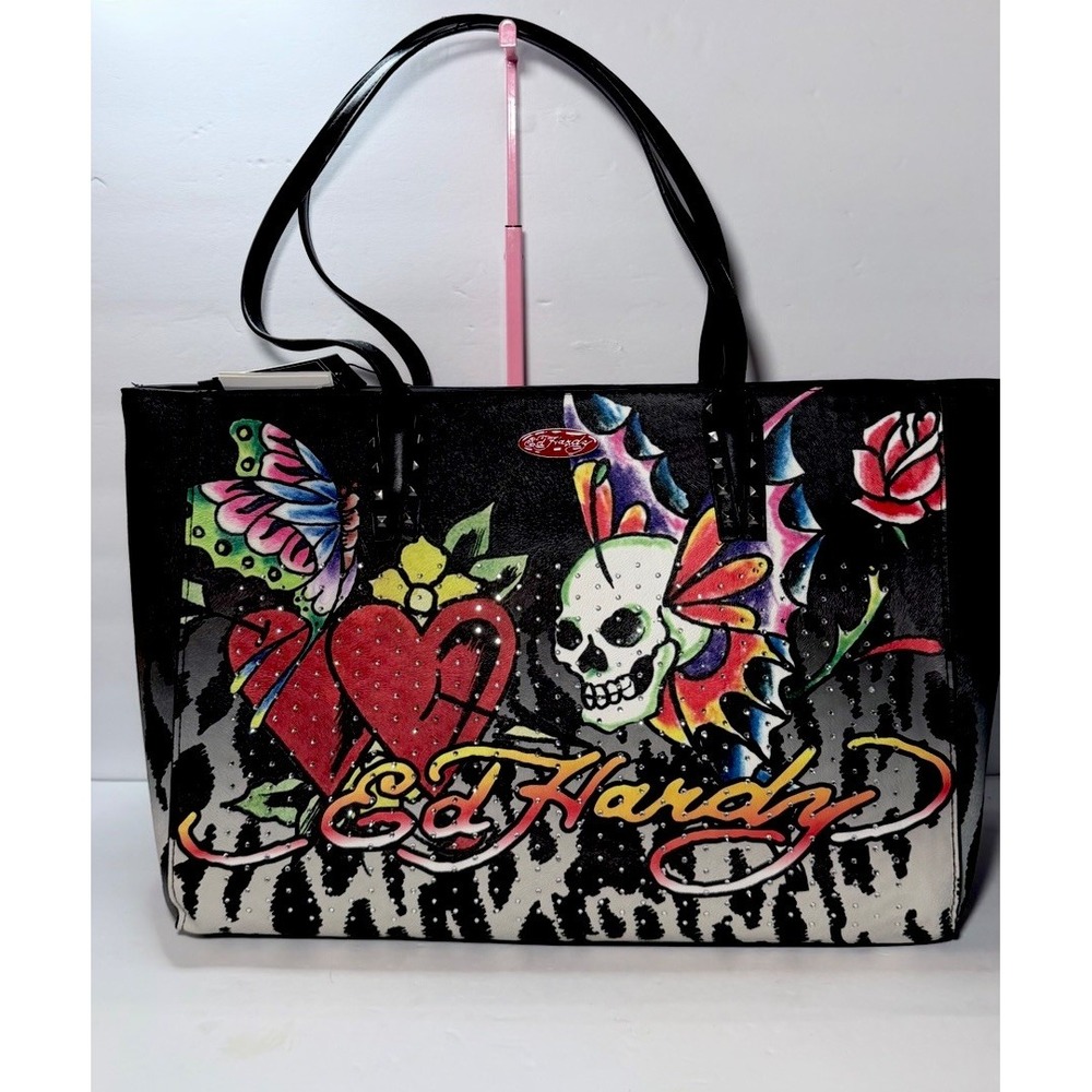 Ed Hardy Black Tote with Multicolor Tattoo Heart & Skull Art NWT